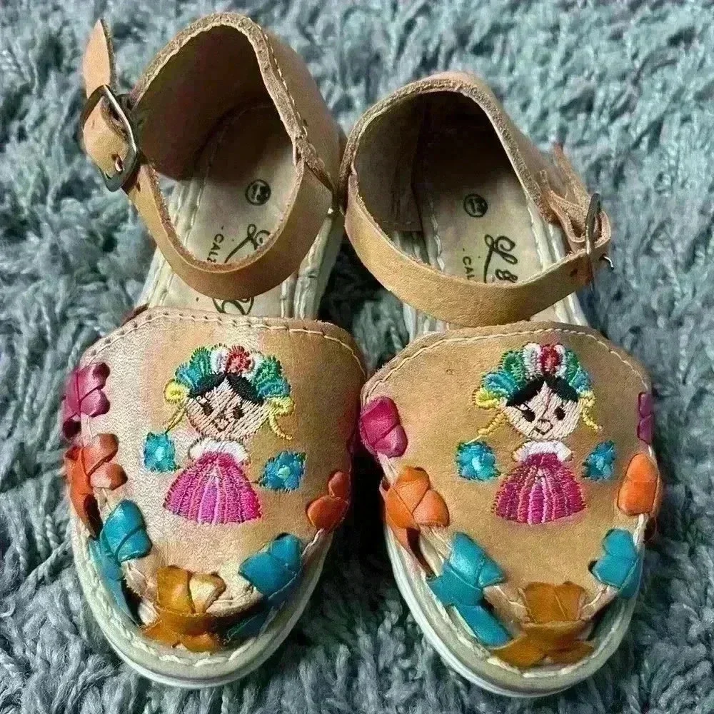 Huarache Girls US 7 Sandals Leather Girl Colorful Mexico Huaraches Floral EUC